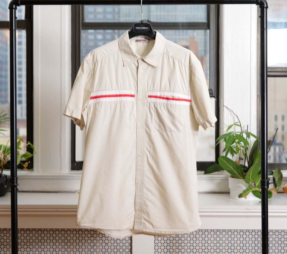 Prada Beige Cotton Stripe Short Sleeve Button Up Shirt (Men's L)